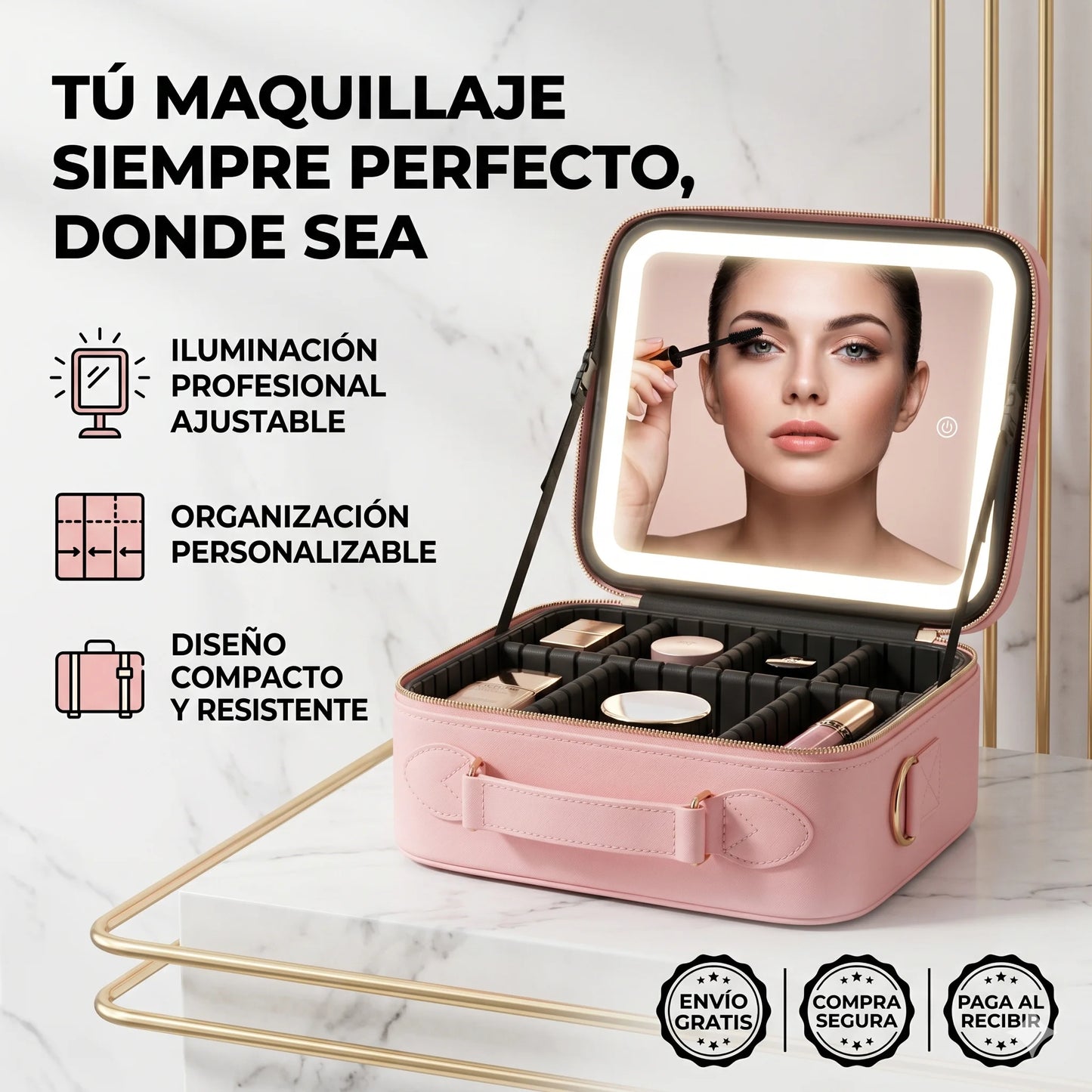 Cosmetiquera Profesional con Espejo LED Integrado - Tu maquillaje perfecto donde vayas