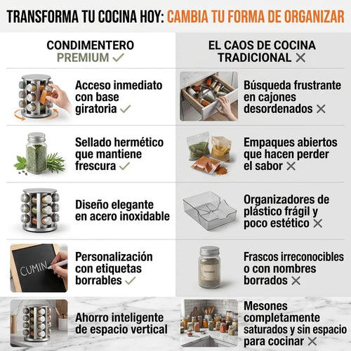 Condimentero Premium 360° 12 Piezas - Organización total en segundos